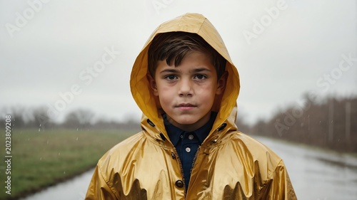 Young American boy in gold themed raincoat on background 