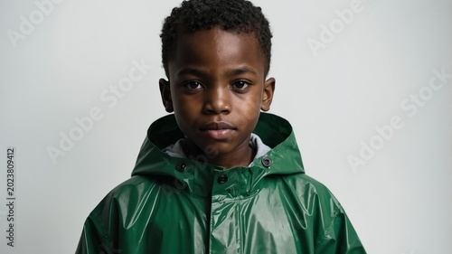 Young African boy in green themed raincoat on background 