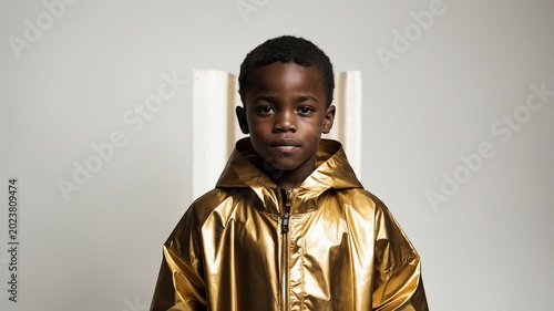 Young African boy in gold themed raincoat on background 