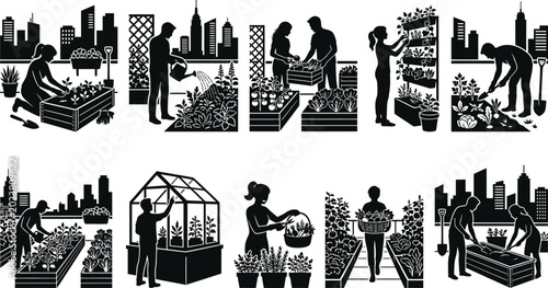 Foto People gardening and selling plants in urban setting isolated on white backgroun