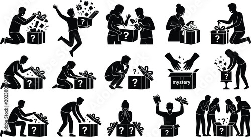Schilderij op canvas People reacting to gift box surprises isolated on white background, Vector