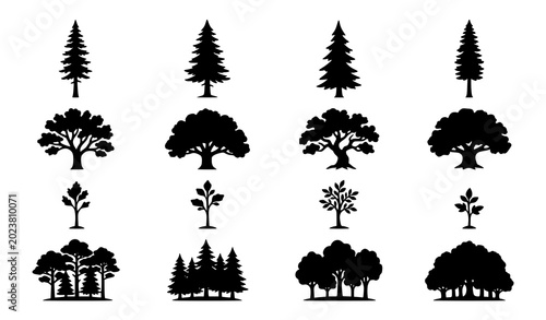 Canvastavla Forest Tree Silhouette Vector Set with Pine Oak and Nature Trees Black and White