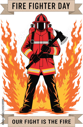 Photos Firefighter in protective gear holding axe during blaze for awareness and apprec