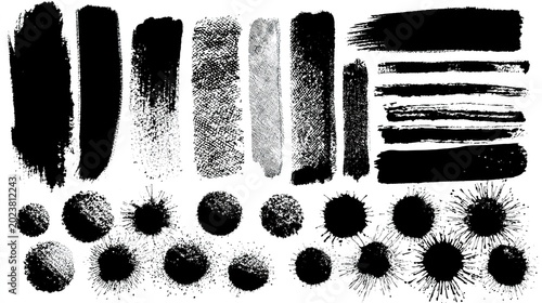 Black Grunge Ink Brush Strokes & Splatters Collection, Distressed Textured Banners, Hand-Painted Marks for Design Templates, Branding, Backgrounds, Typography Projects
