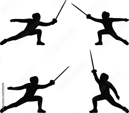 Fotografía Four black silhouettes of fencers in various fighting poses with swords on white