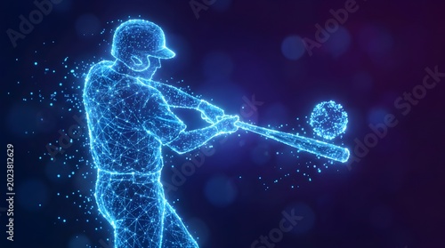 Digital blue glowing baseball player swinging a bat at ball