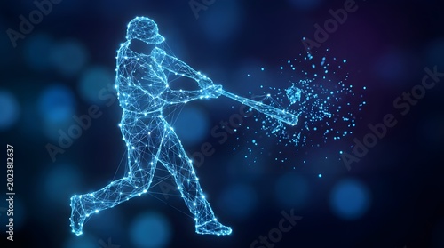 Digital baseball player hitting a ball with glowing network nodes