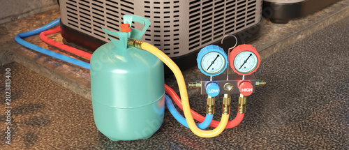 Obraz na plátně HVAC service uses refrigerant cylinder and manifold gauges to check air conditio