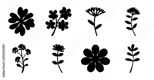 Foto Black floral vector icons set of six styles - Six unique black floral icons in a clean vector style, perfect for designs needing elegant botanical elements