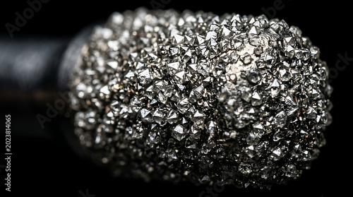 Extreme macro photography of a dental diamond bur tip showing the high-density industrial diamond particles for precision cutting and grinding in advanced restorative dentistry on black background.