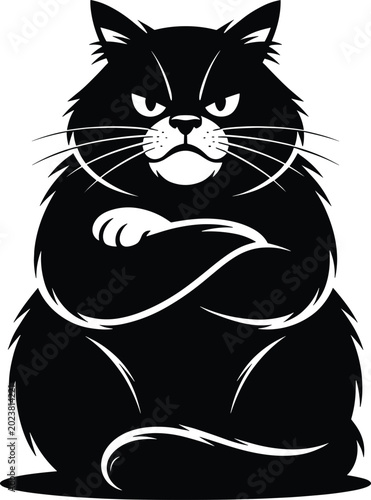 grumpy cat, black cat, silhouette, crossed paws, frowning, whiskers, fury, anger, scowl, gruff, cat face, animal, black and white, cart Grumpy black cat silhouette with crossed paws, grumpy expression