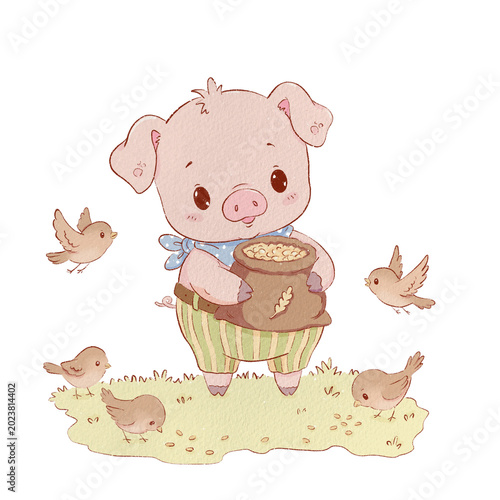Cute Pig Feeding Birds Watercolor Illustration