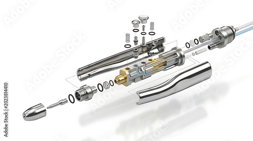 Technical exploded diagram of a professional dental instrument illustrating the precision engineering and assembly of components used in modern clinical dentistry for effective patient treatment.