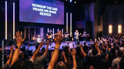 Contemporary christian worship service with raised hands and stage lighting