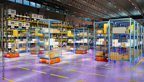 Fotografie Automated logistics warehouse uses robotic carts and storage cages to move packa