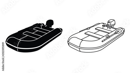 Quadro su tela Inflatable boat silhouette and line drawing with outboard motor