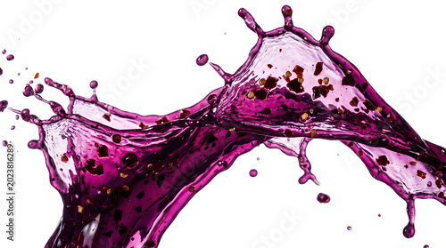 Purple liquid splash with dark particles isolated on transparent background.