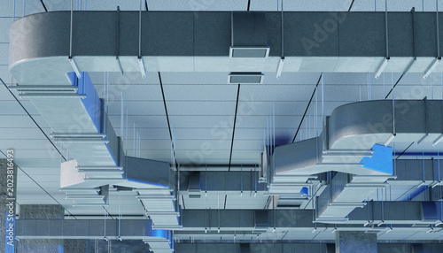 Ventilation engineering installs suspended HVAC ductwork and air distribution units for commercial building climate control systems