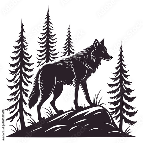 Photos Wolf standing on rocky outcrop in pine forest silhouette with pine trees