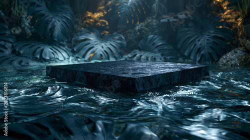 A high-end square stone product pedestal set in rippling water, surrounded by lush monstera leaves under moody, cinematic lighting.