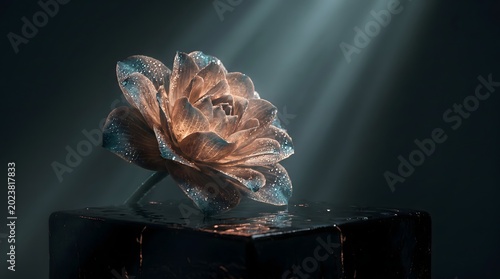 Crystal Rose Sculpture with Dramatic Light Rays – Luxury Floral Art and Elegant Botanical Concept