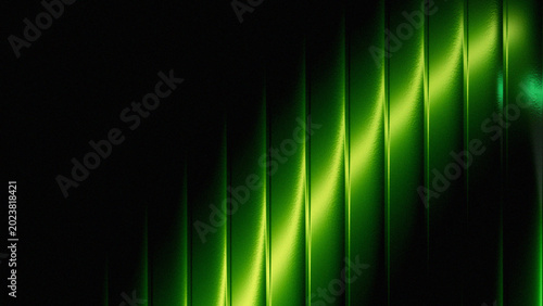 Green light shining through vertical blinds in a room interior