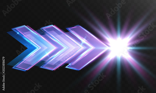 Futuristic neon arrow direction symbol with glowing blue and purple transparent layers, bright lens flare burst and cyberpunk light effect on dark background

