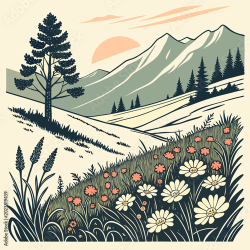 Quadro su tela Mountain meadow with wildflowers and lone pine tree at sunrise, mountain