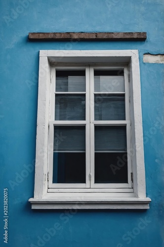 Portrait of white window on blue wall background 