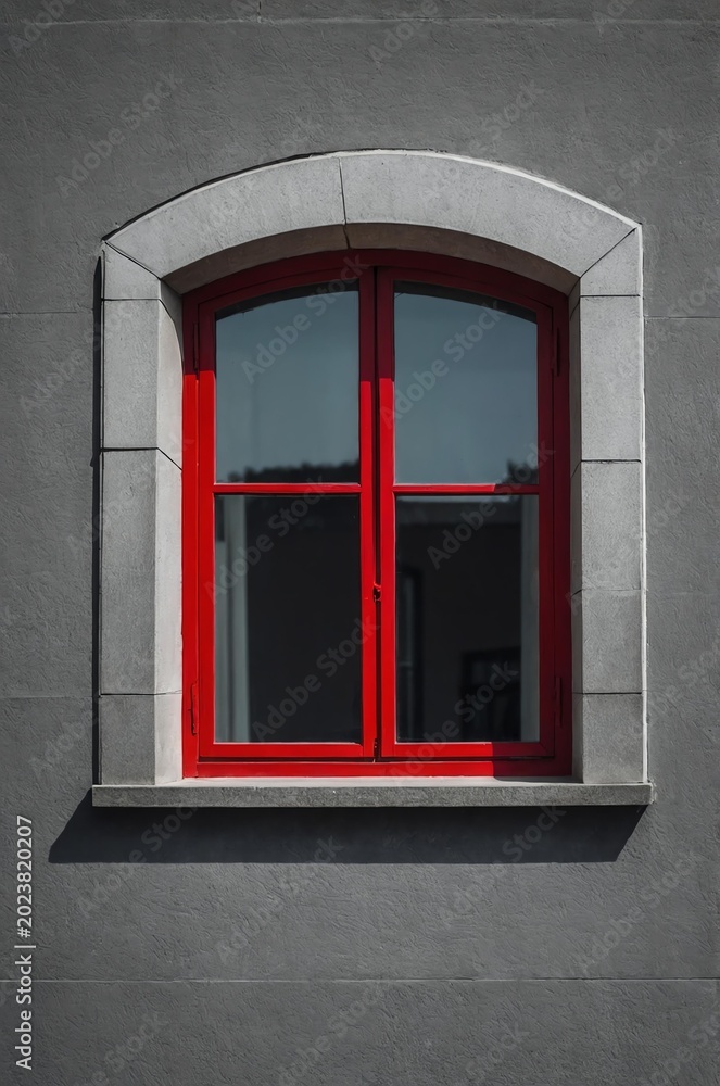 Obraz premium Portrait of red window on gray wall background