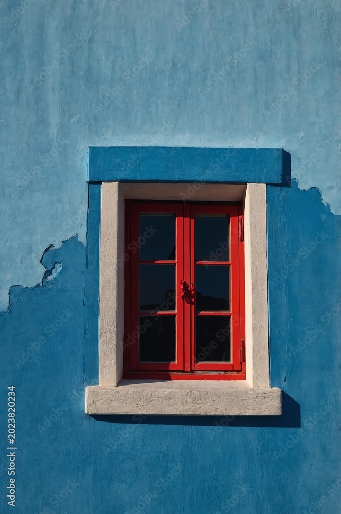 Obraz premium Portrait of red window on blue wall background