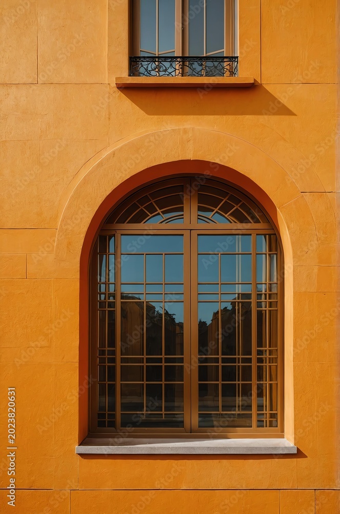 Fototapeta premium Portrait of orange window on gold wall background 
