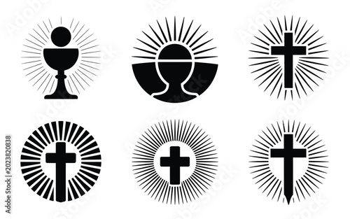 Photos Stylized corpus christi religious logo with silhouette cross and radiant sunburs