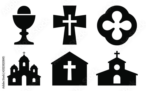 Картината върху платно Modern flat silhouette bundle of religious symbols including chalice cross clove