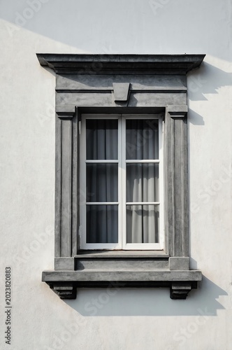 Portrait of gray window on white wall background 
