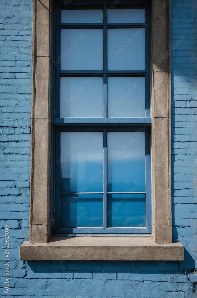 Fototapeta premium Portrait of gray window on blue wall background 