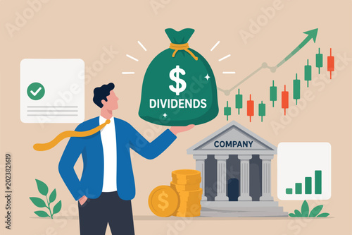 Dividend stocks, public company payback profit in stock market, return or profit from investment concept, businessman investor hand holding big money bag with label Dividends and dollar money sign