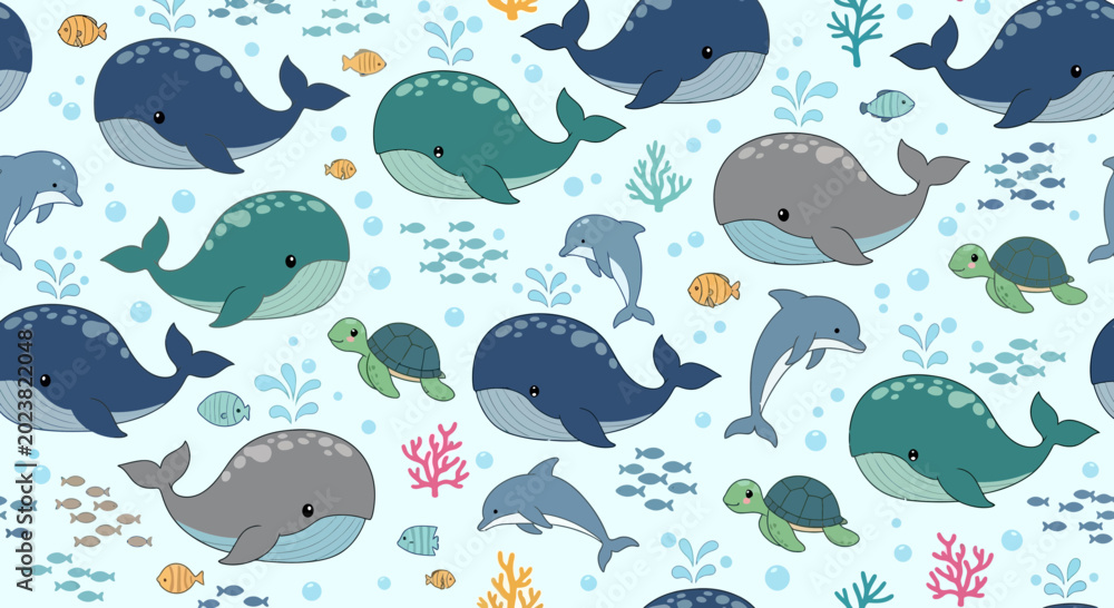 Naklejka premium Cute Whales, Dolphins, and Turtles Seamless Pattern, Underwater Ocean Life