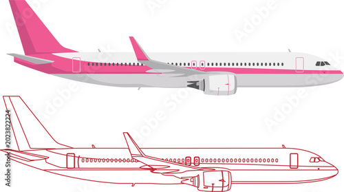 Canvas Print Modern Passenger Airplane Vector Illustration Featuring Pink Livery and Detailed