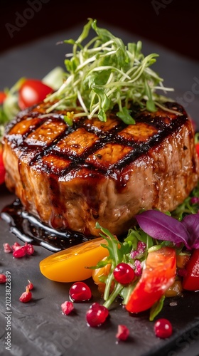 A delicious dinner plate featuring grilled beef steak served with roasted vegetables and a side of savory barbecue sauce