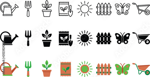 Konstfotografi Gardening tools and elements icons: watering can fork plant fertilizer sun fence