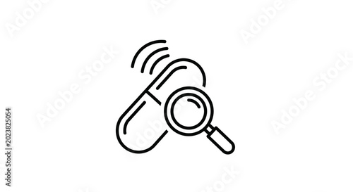 Pill with Magnifying Glass and Signal Waves: Medical Research, Drug Discovery, and Health Technology Icon