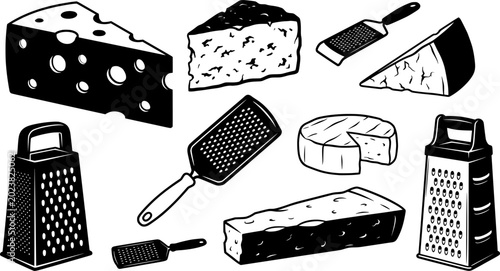 Black and white vector illustration of cheese varieties and grater silhouette elements
