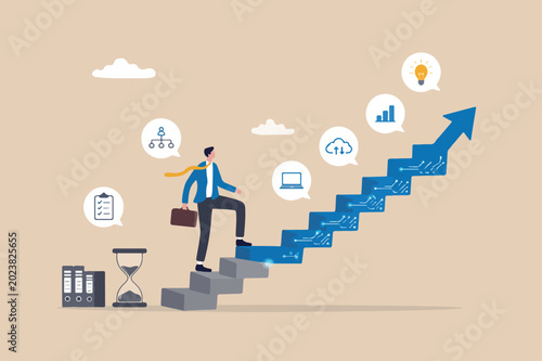 Digital transformation, company use technology and innovation to optimize workflow and change future concept, businessman corporate leader climbing up analog stair to transform into digital step