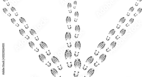 Foto Human shoe footprints diverging into three different paths on a transparent back