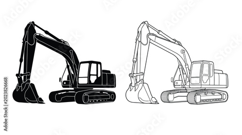 Bild auf Leinwand Excavator line drawing with technical blueprint background