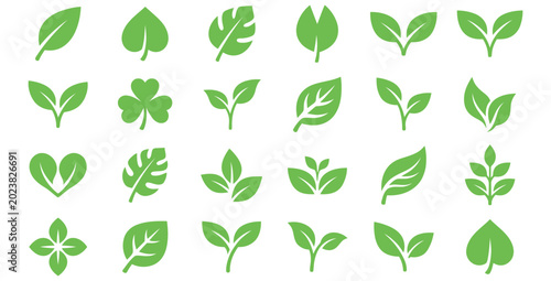 Collection of various green leaf icons representing nature and plant growth on transparent background