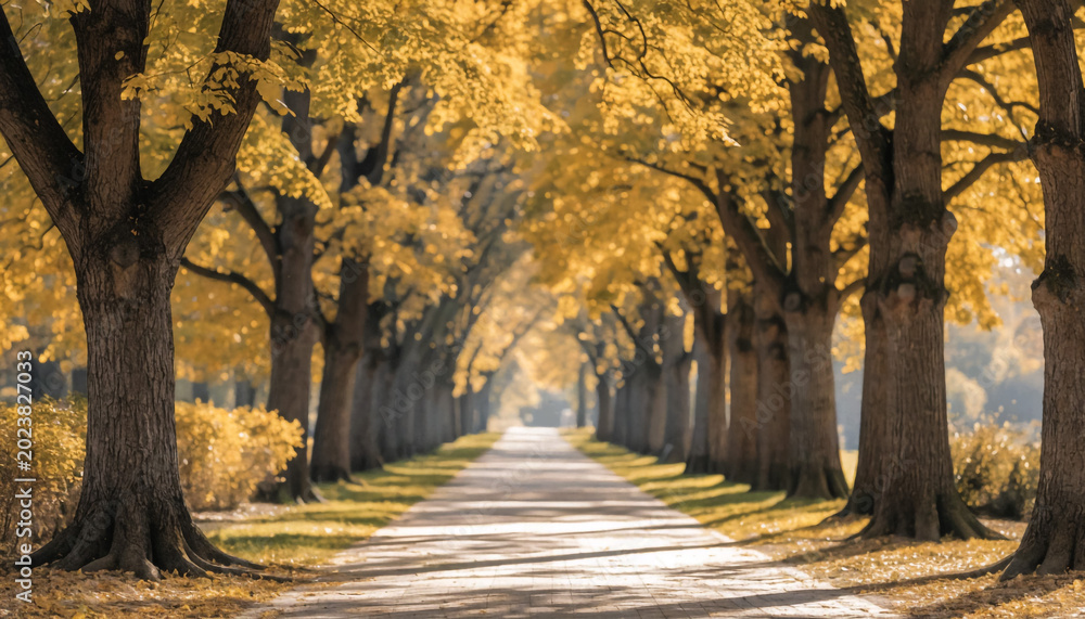 Fototapeta premium Autumn tree-lined path in golden sunlight