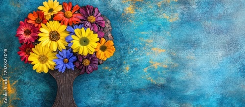 A vibrant tree with flowers represents self-care and mental health in a creative and colorful illustration.