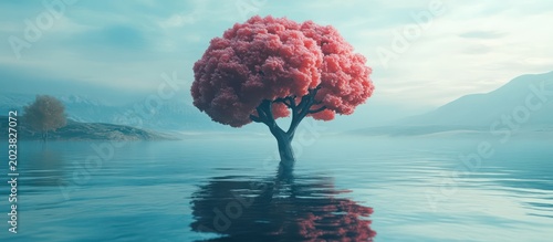 A serene tree with vibrant flowers blooms in calm waters near mountains under a cloudy sky with a sense of self-care and mental health.
